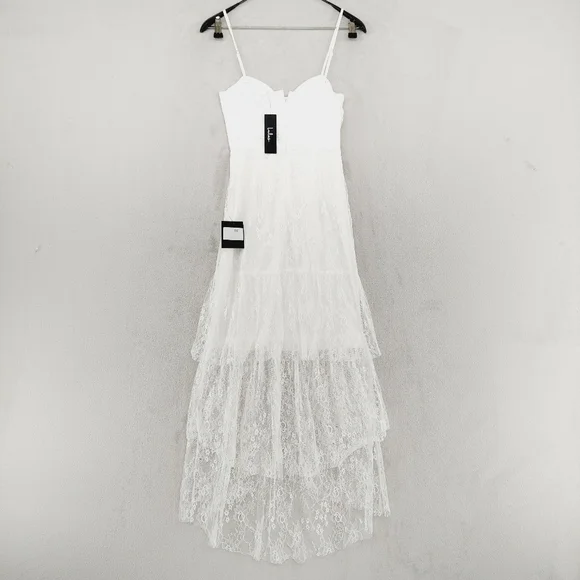 New Lulus Elaborate Love White Lace Bustier Tiered High-Low Maxi Dress P1967 - Picture 5 of 9